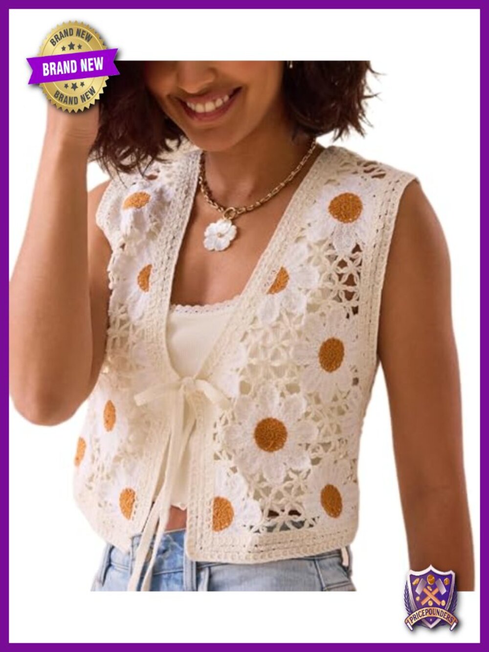 Crochet Knit Vest Tie Front Tank Top Sleeveless V Neck Crop Hollow Out Sweater